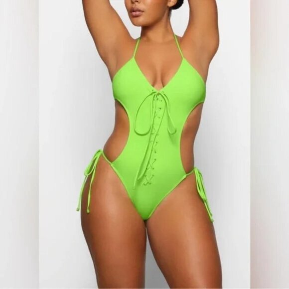 SKIMS Swim Lace Up Monokini Neon Green Sz Medium - Picture 1 of 4